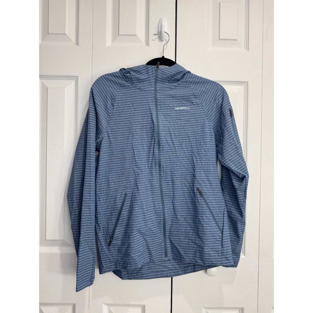 Merrell Performance Zip-Up‎ Jacket Women Small Blue Pinstripe Long Sleeve Hooded